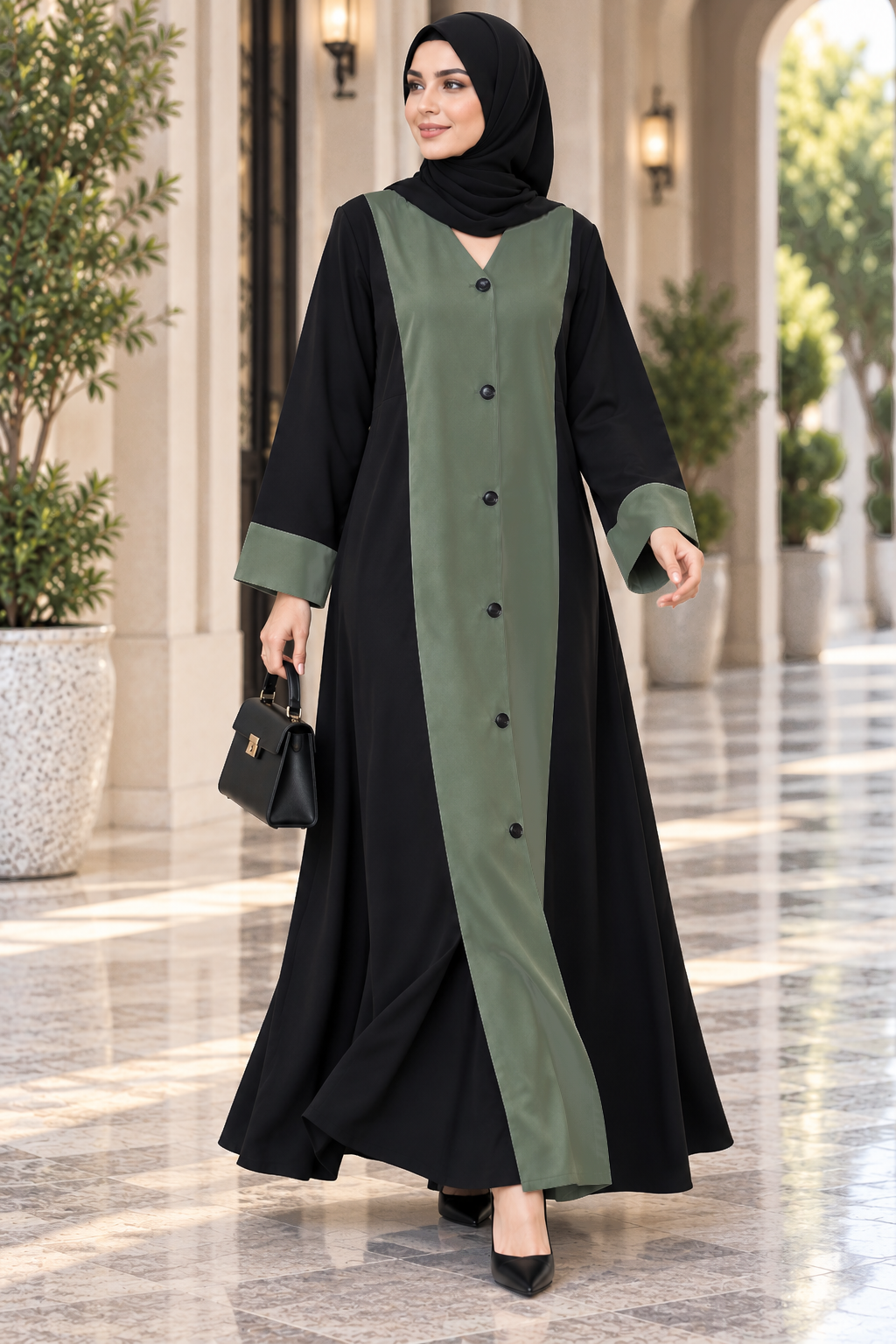 AARUH Black & Olive Green Front Panel Button-Detail Flared Abaya with Hijab