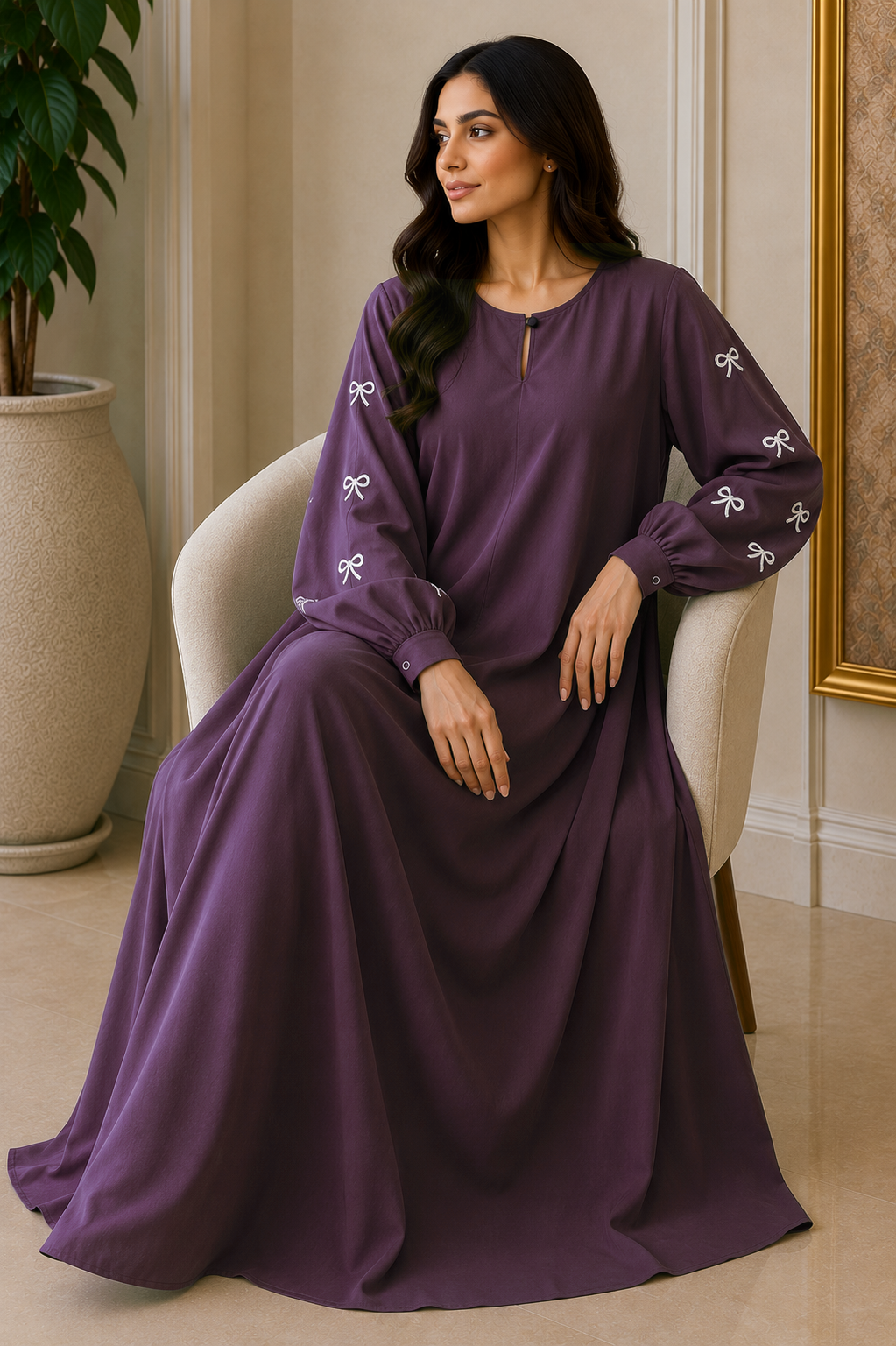 AARUH Elegant Bow Embroidered A-Line Maxi Dress | Full Sleeve Modest Dress