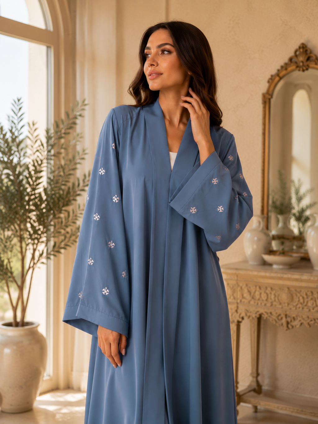KIMONO GREY PETAL – Premium Embroidered Kimono Style Abaya | V Neck | Without Hijab | Free Size | AARUH