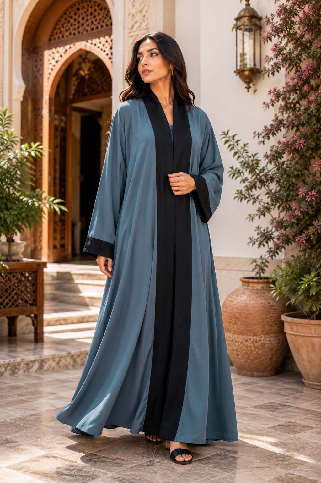 Blue Grey Contrast Open Abaya Elegant Two-Tone Modest Wear | AARUH Fashion & Fabrics