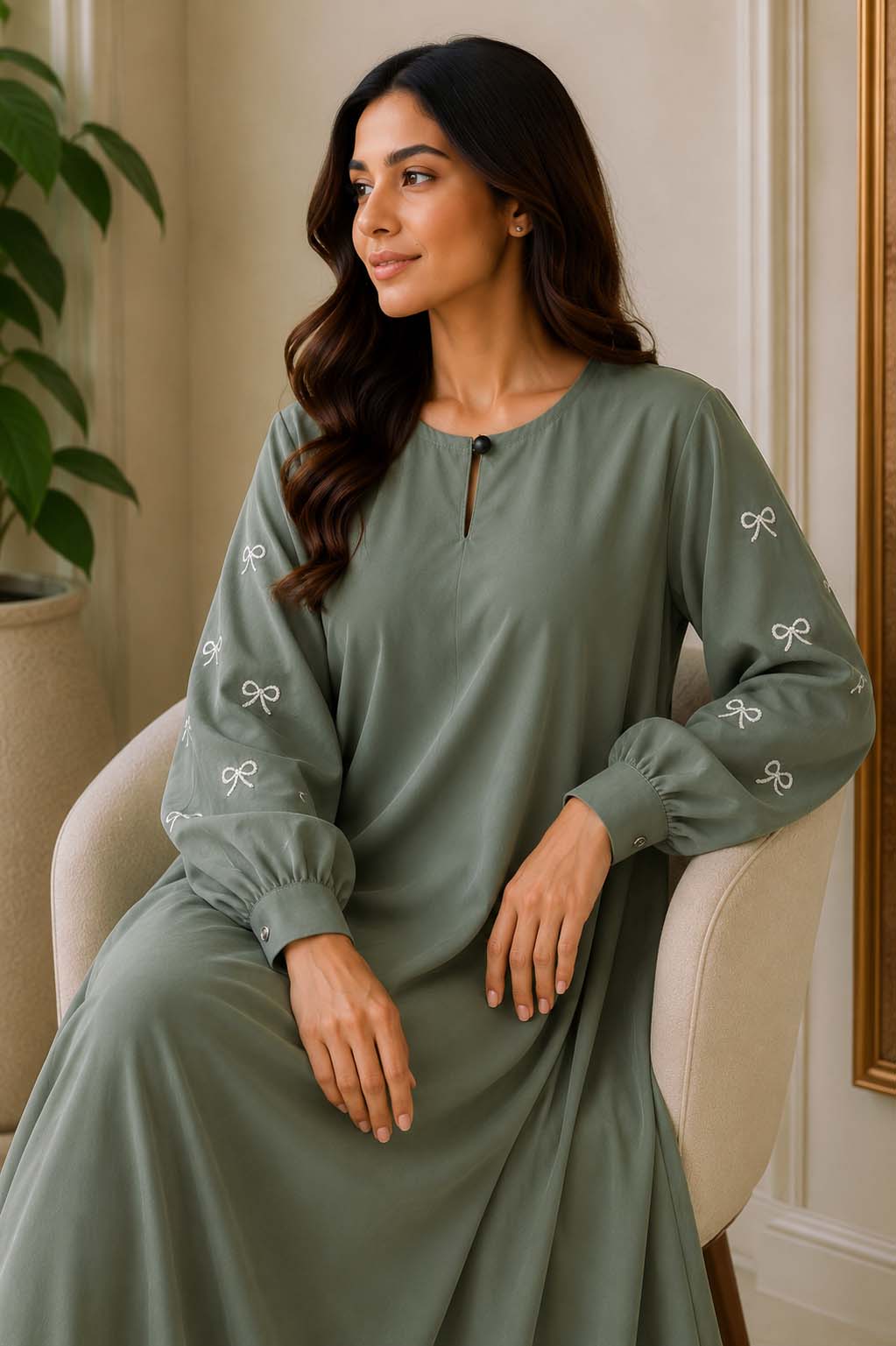 Elegant A-Line Maxi Dress with Bow Embroidered Sleeves