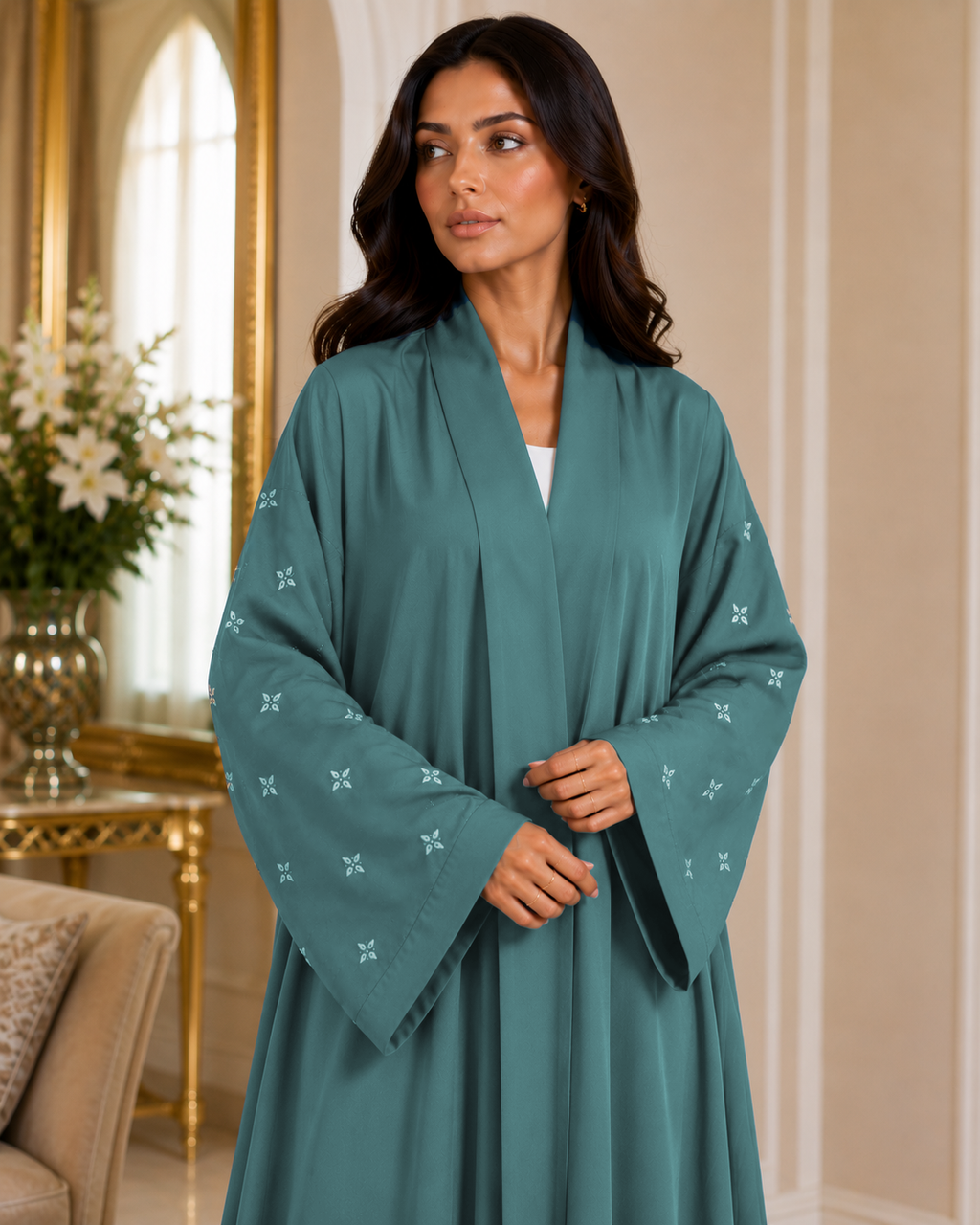 KIMONO TEAL PETAL – Premium Embroidered Kimono Style Abaya | V Neck | Without Hijab | Free Size | AARUH
