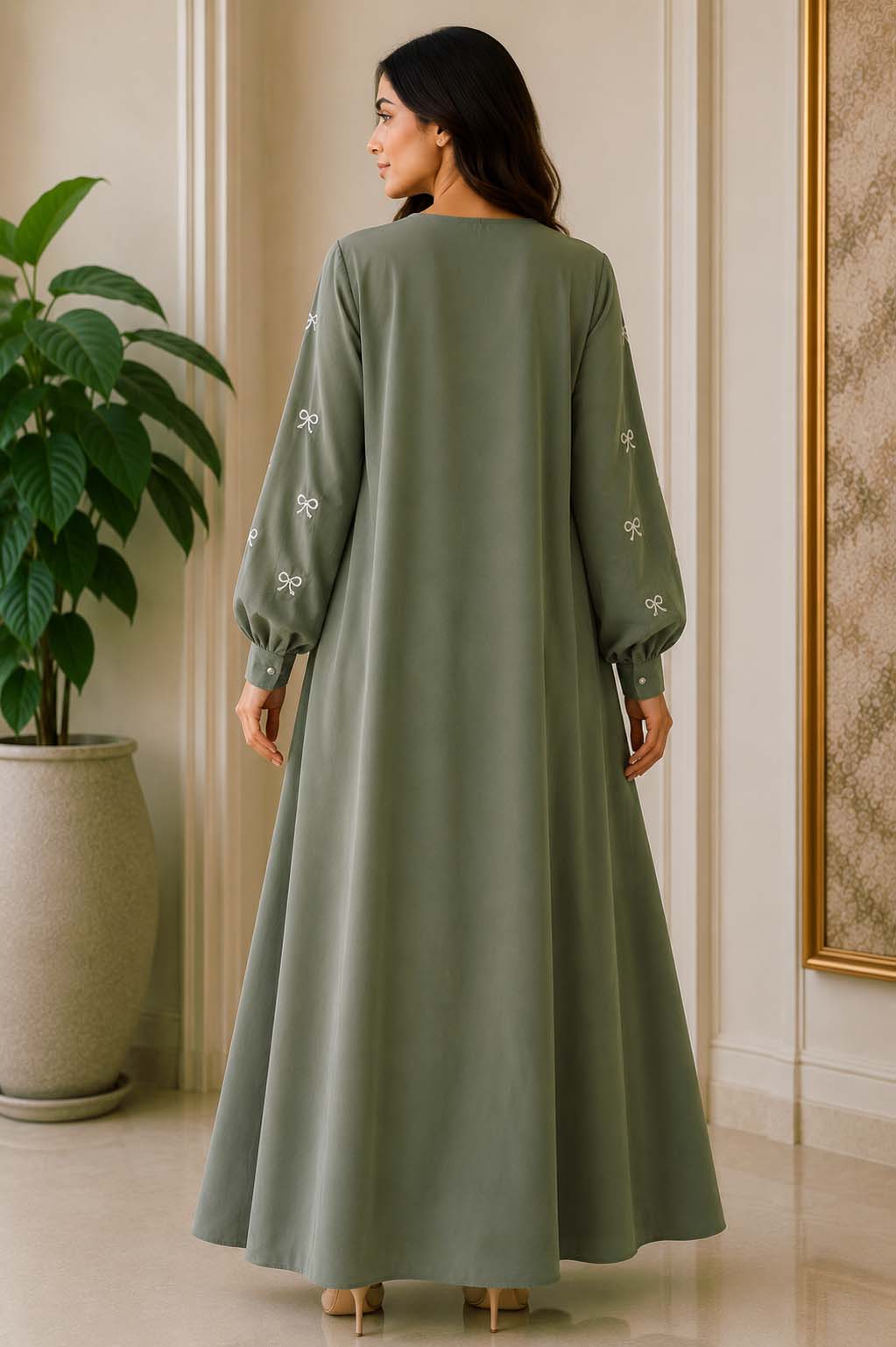 Elegant A-Line Maxi Dress with Bow Embroidered Sleeves