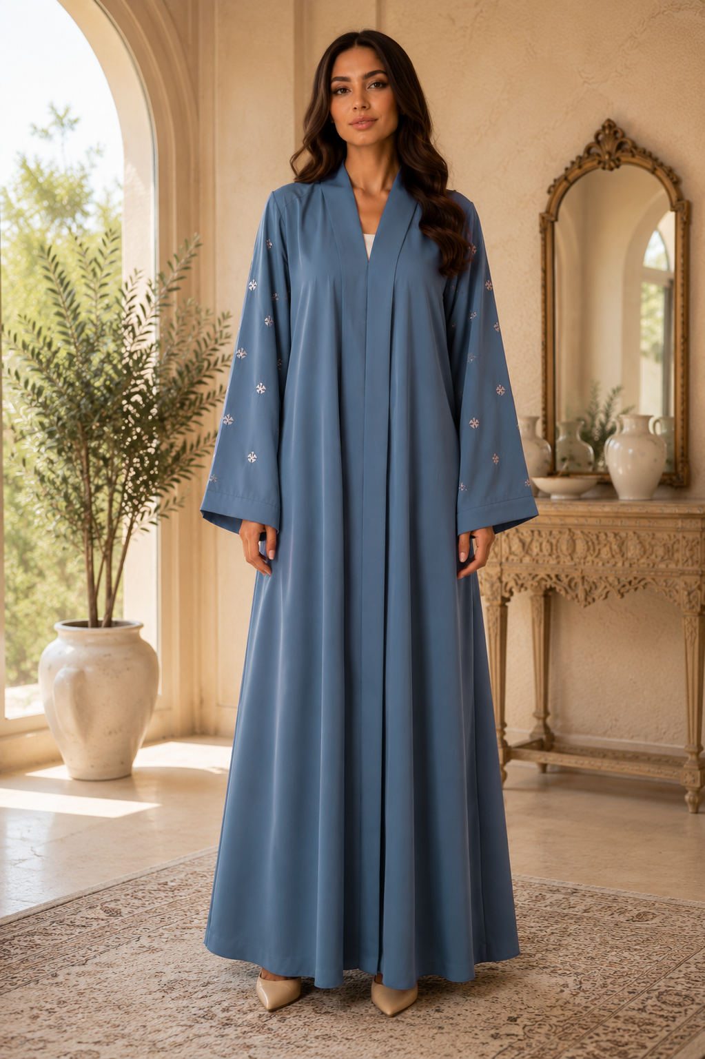 KIMONO GREY PETAL – Premium Embroidered Kimono Style Abaya | V Neck | Without Hijab | Free Size | AARUH
