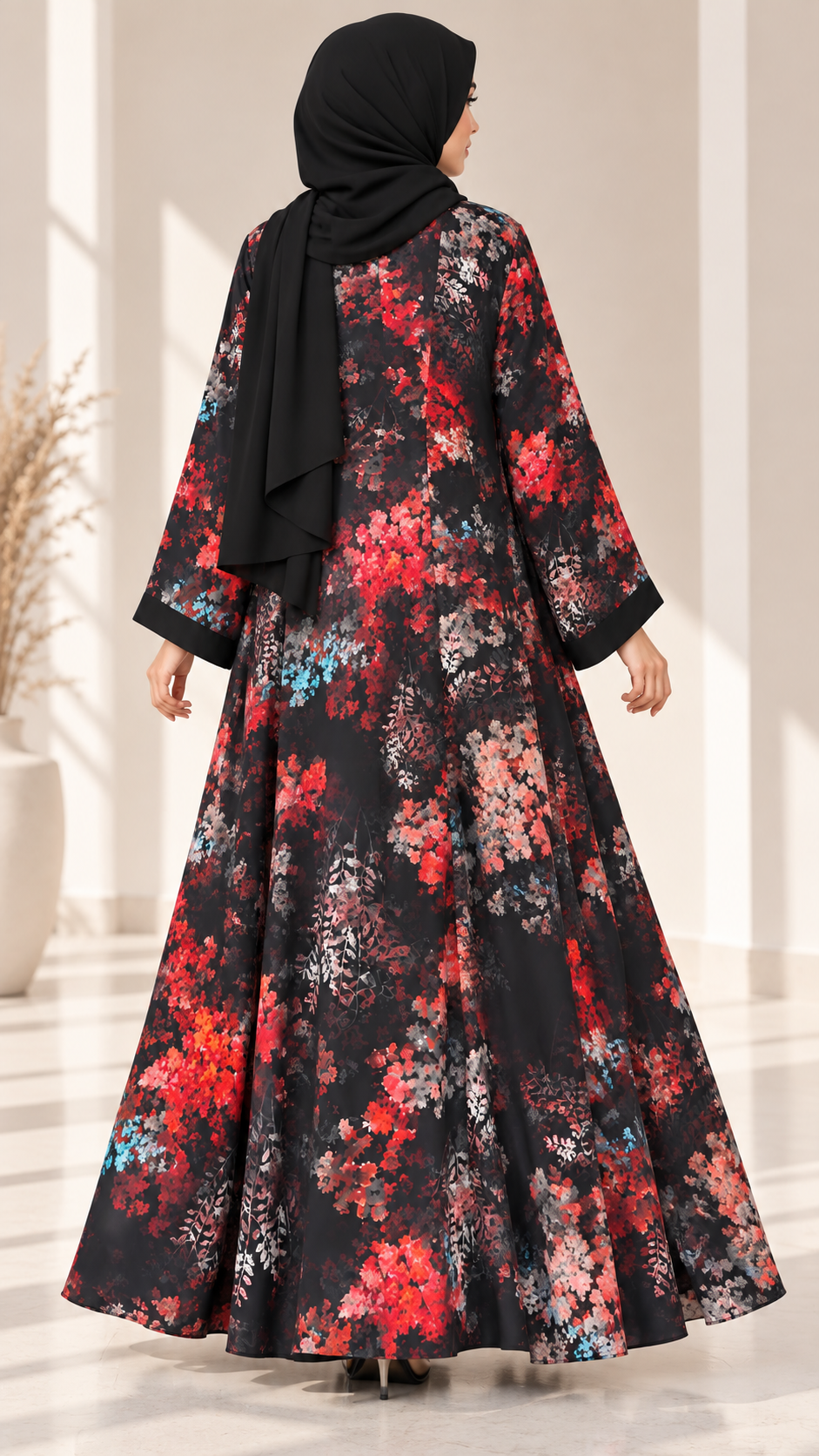 AARUH Black Floral Printed Open Front Abaya with Inner Dress & Hijab