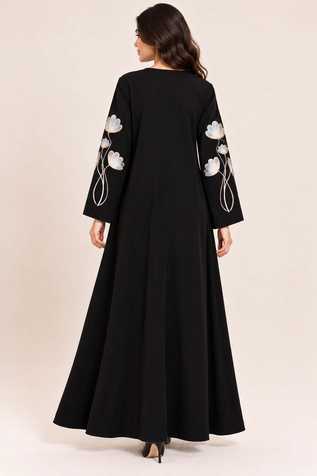 AARUH Black Nysa Embroidered Sleeve Abaya with Keyhole Neck & Flared Fit