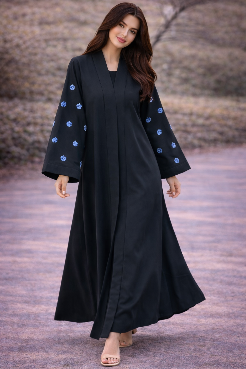 KIMONO BLACK PETAL – Premium Embroidered Kimono Style Abaya | V Neck | Without Hijab | Free Size | AARUH