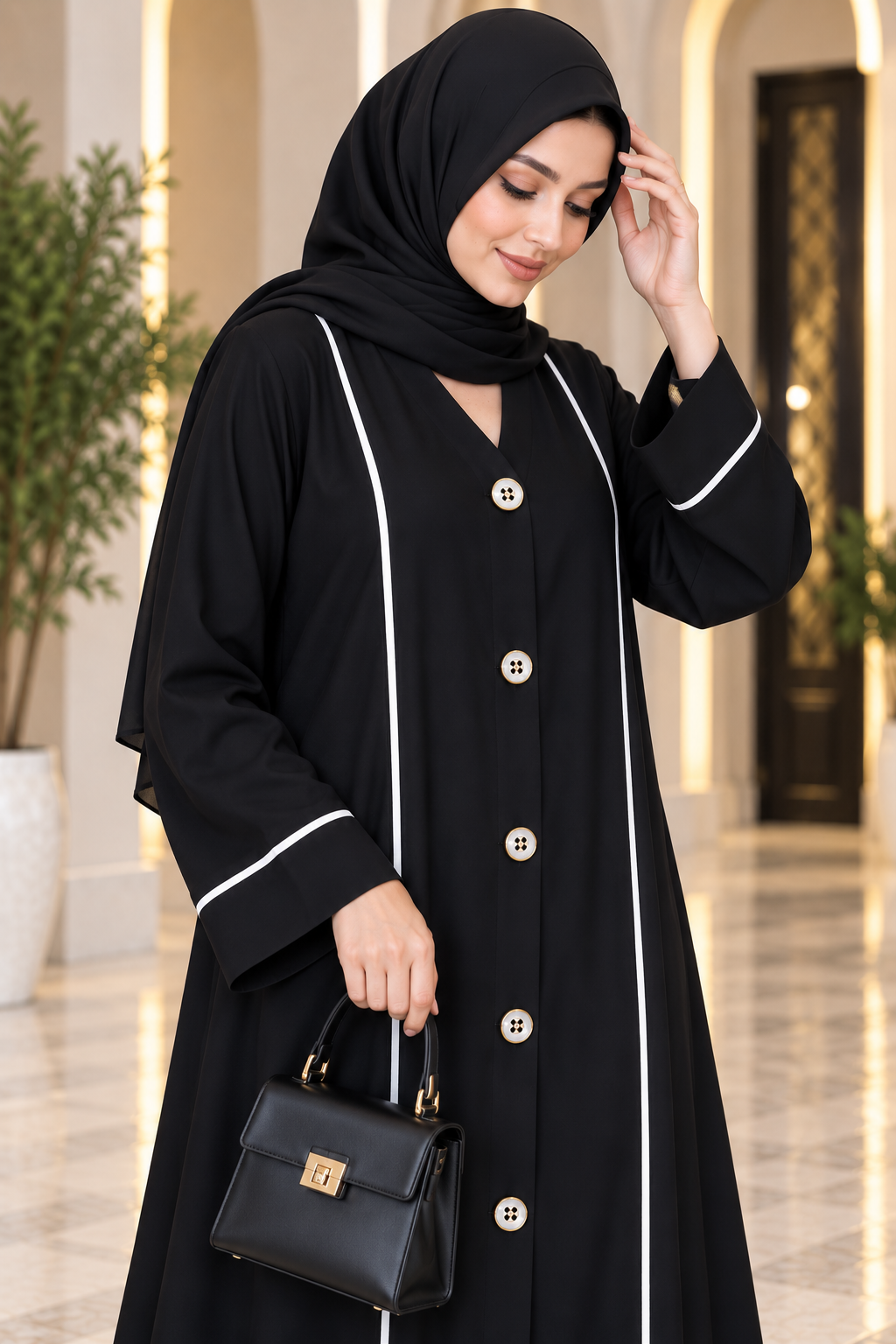 AARUH Black Front Button Abaya with White Piping & Flared Silhouette