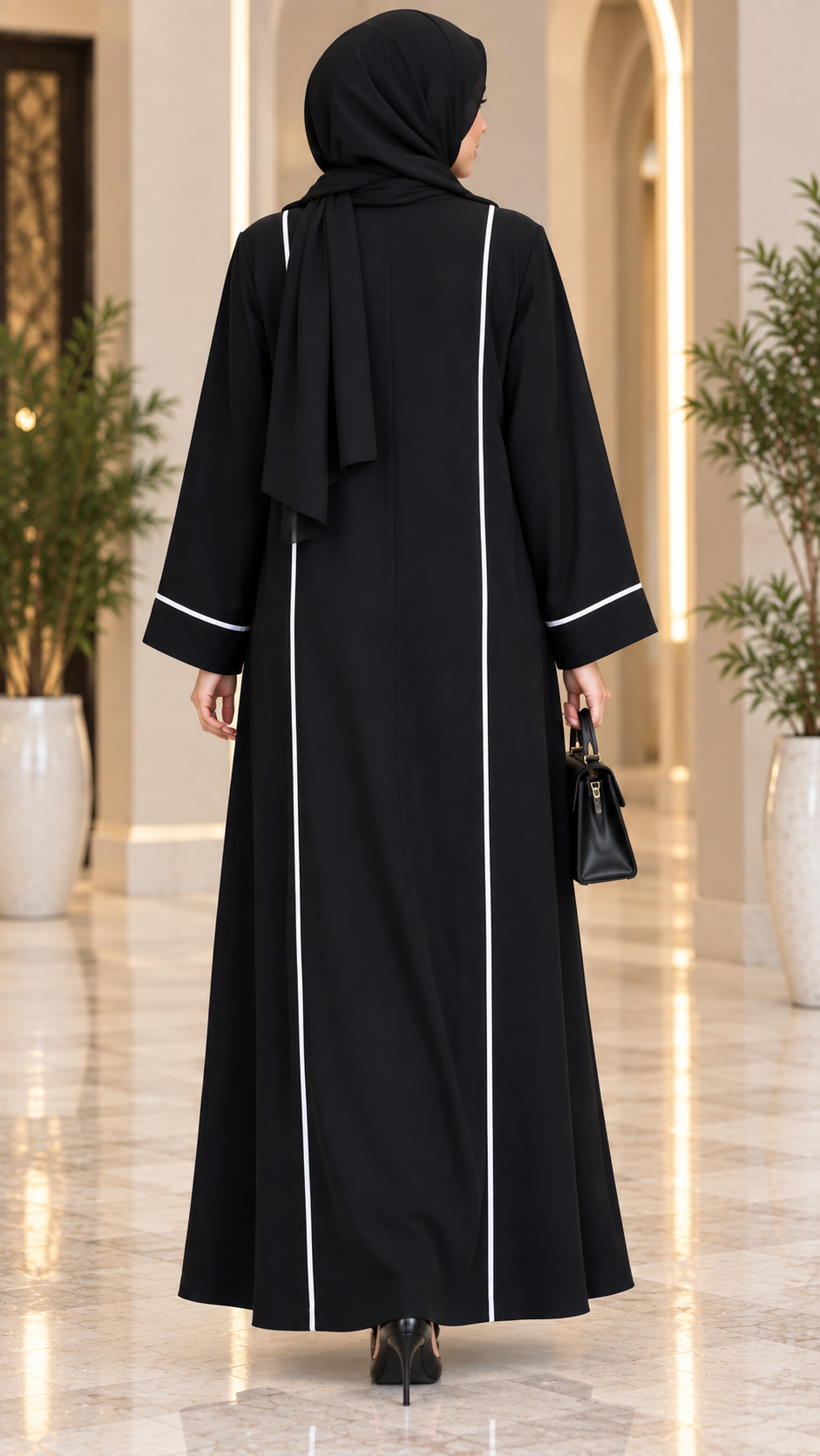 AARUH Black Front Button Abaya with White Piping & Flared Silhouette