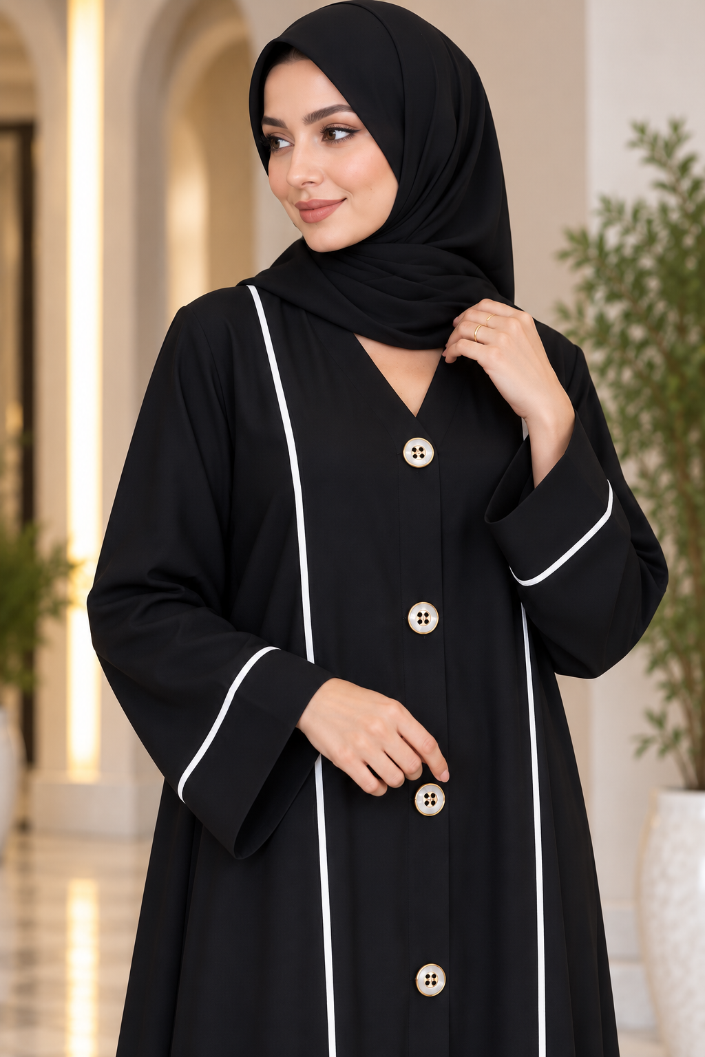 AARUH Black Front Button Abaya with White Piping & Flared Silhouette