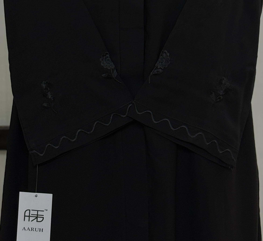 WAVES BLACK – Premium Black Embroidered Abaya with Matching Hijab | V Neck | Free Size | AARUH
