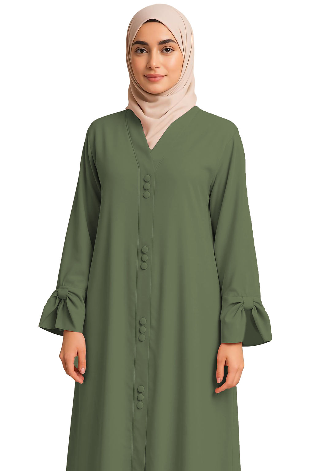 AARUH Olive Green Button-Front Flared Abaya with V-Neck & Tie-Cuff Sleeves