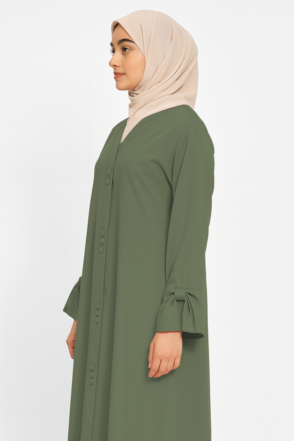 AARUH Olive Green Button-Front Flared Abaya with V-Neck & Tie-Cuff Sleeves