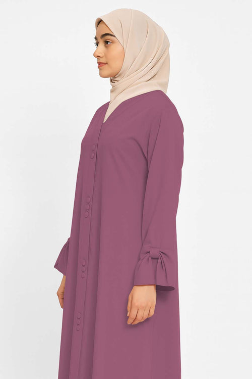 AARUH Mauve Purple Button-Front Flared Abaya with V-Neck & Tie-Cuff Sleeves