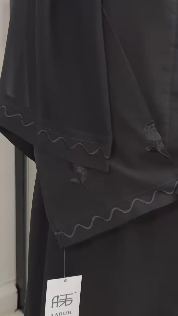 WAVES BLACK – Premium Black Embroidered Abaya with Matching Hijab | V Neck | Free Size | AARUH
