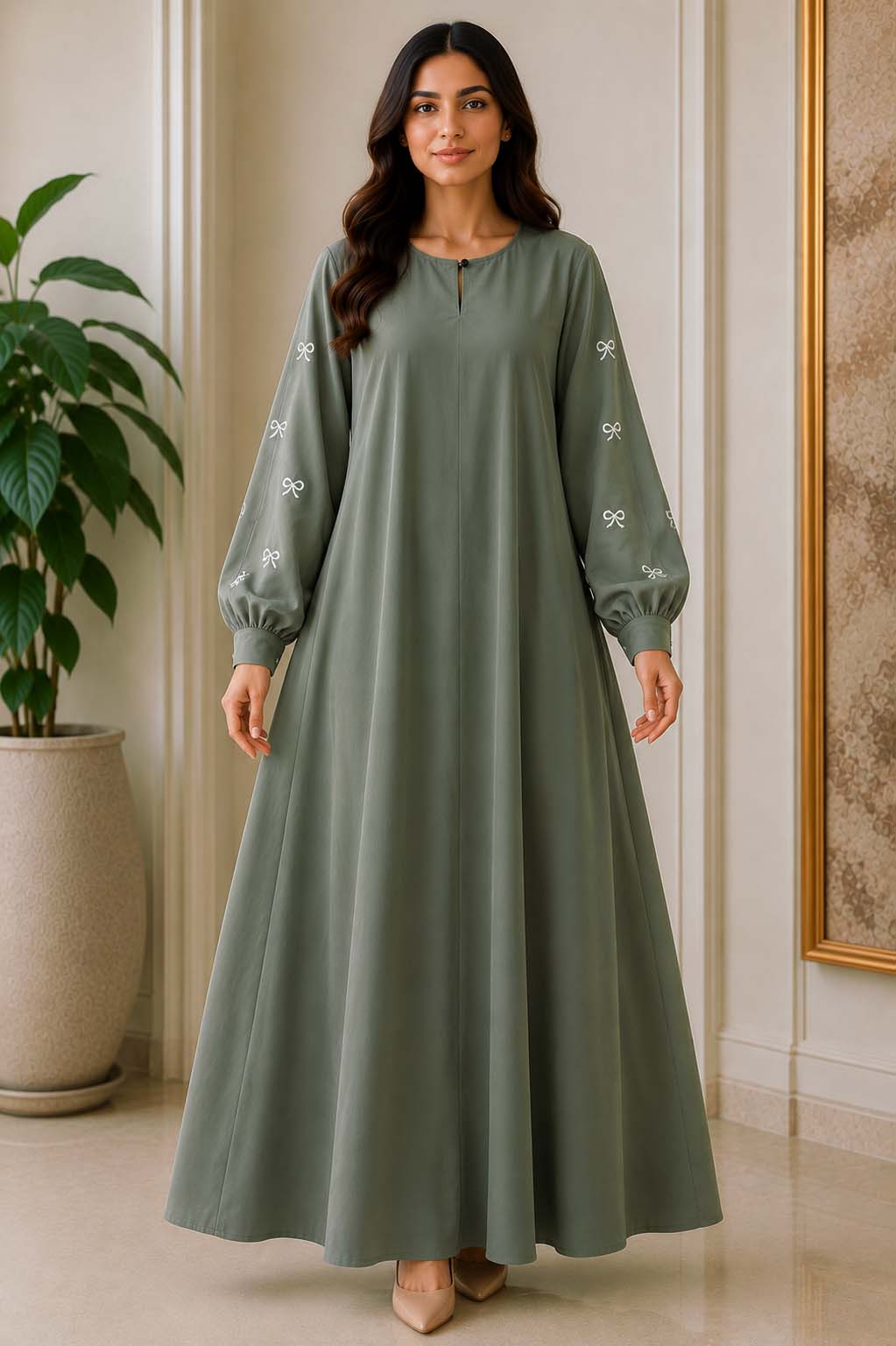 Elegant A-Line Maxi Dress with Bow Embroidered Sleeves