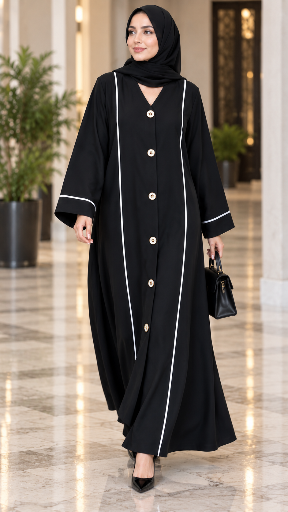 AARUH Black Front Button Abaya with White Piping & Flared Silhouette