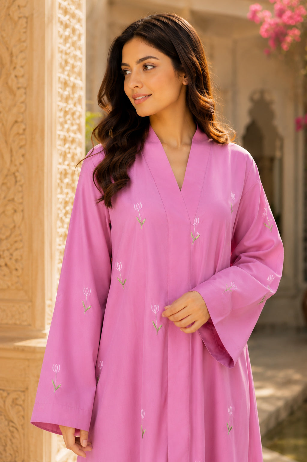 AARUH Pink Floral Embroidered Abaya for Women | Elegant Flared Full-Length Modest Dress | V-Neck womenWear