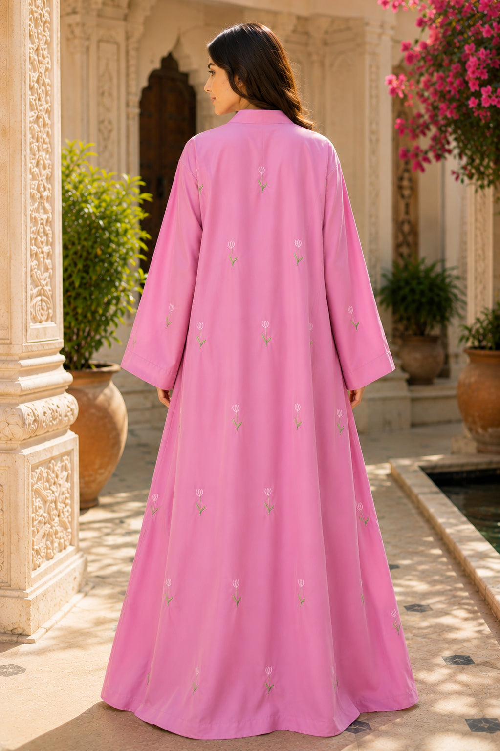 AARUH Pink Floral Embroidered Abaya for Women | Elegant Flared Full-Length Modest Dress | V-Neck womenWear