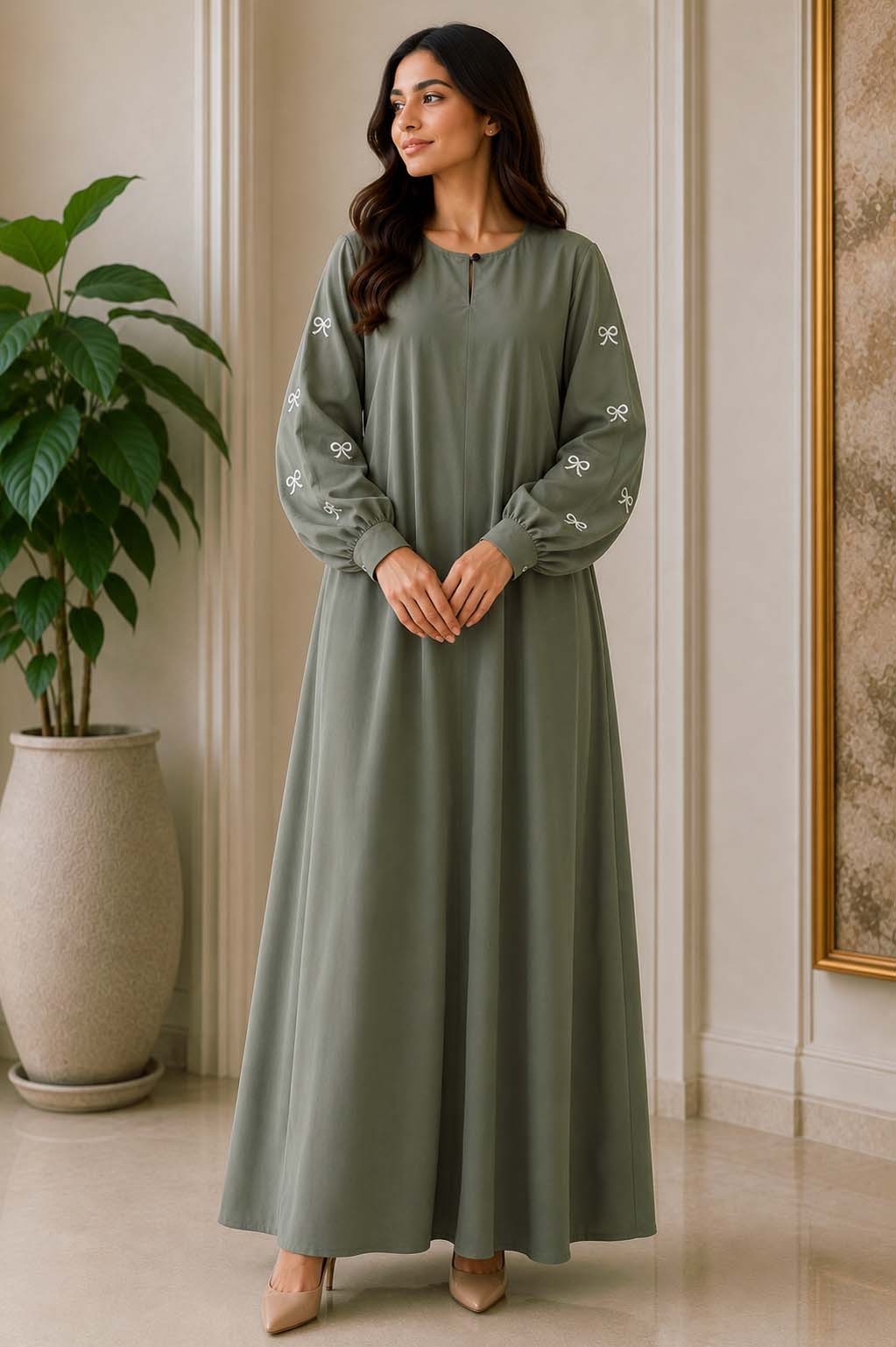 Elegant A-Line Maxi Dress with Bow Embroidered Sleeves