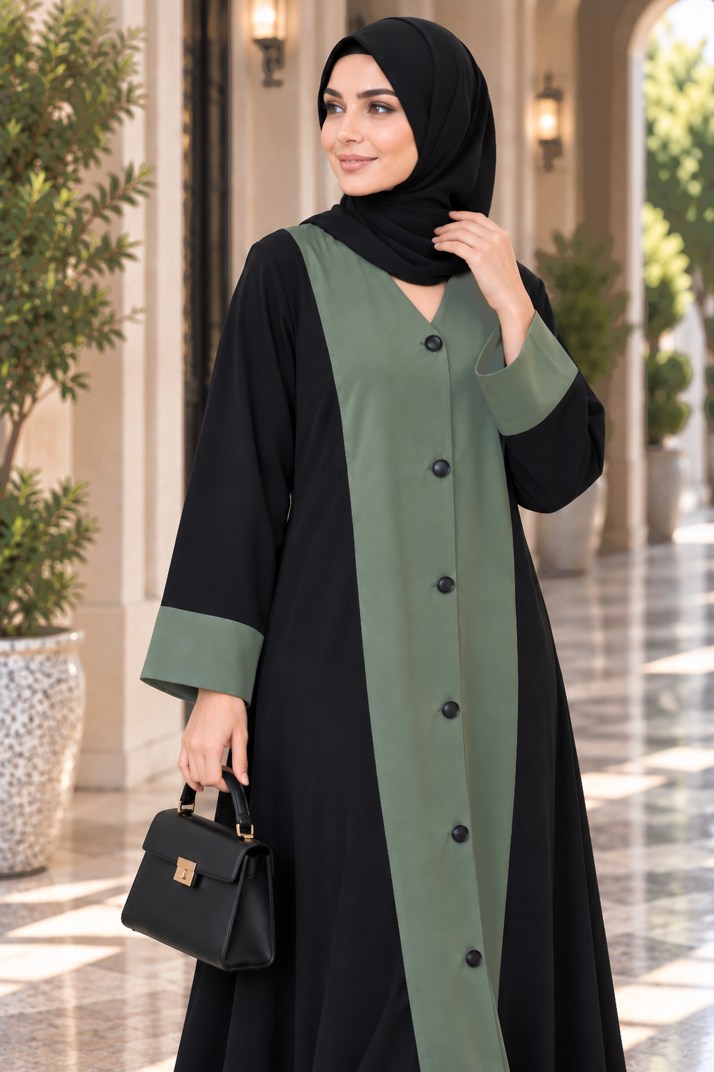 AARUH Black & Olive Green Front Panel Button-Detail Flared Abaya with Hijab