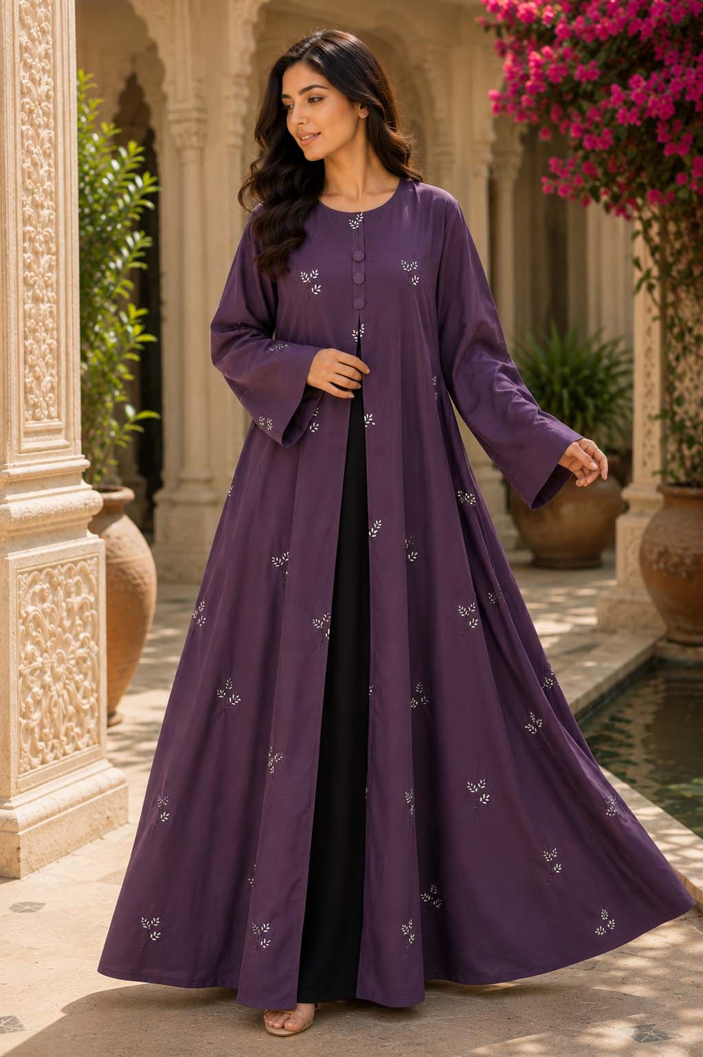 AARUH Purple Floral Embroidered Abaya for Women | Front Button Flared Abaya | Full-Length Modest Islamic Dress