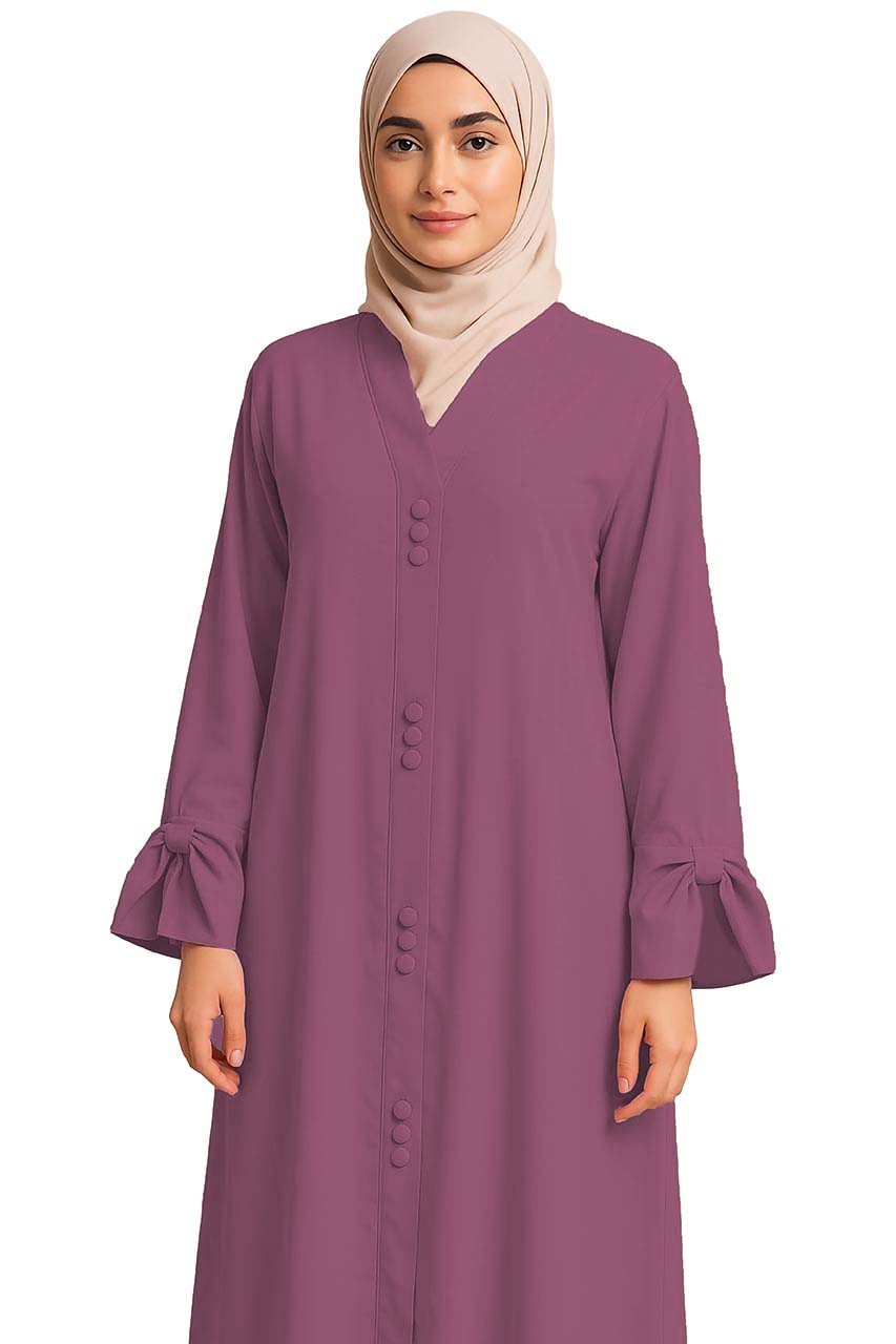 AARUH Mauve Purple Button-Front Flared Abaya with V-Neck & Tie-Cuff Sleeves