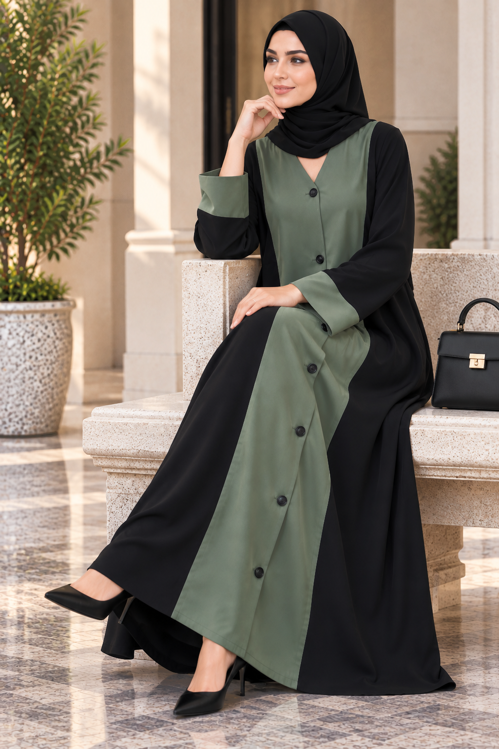 AARUH Black & Olive Green Front Panel Button-Detail Flared Abaya with Hijab