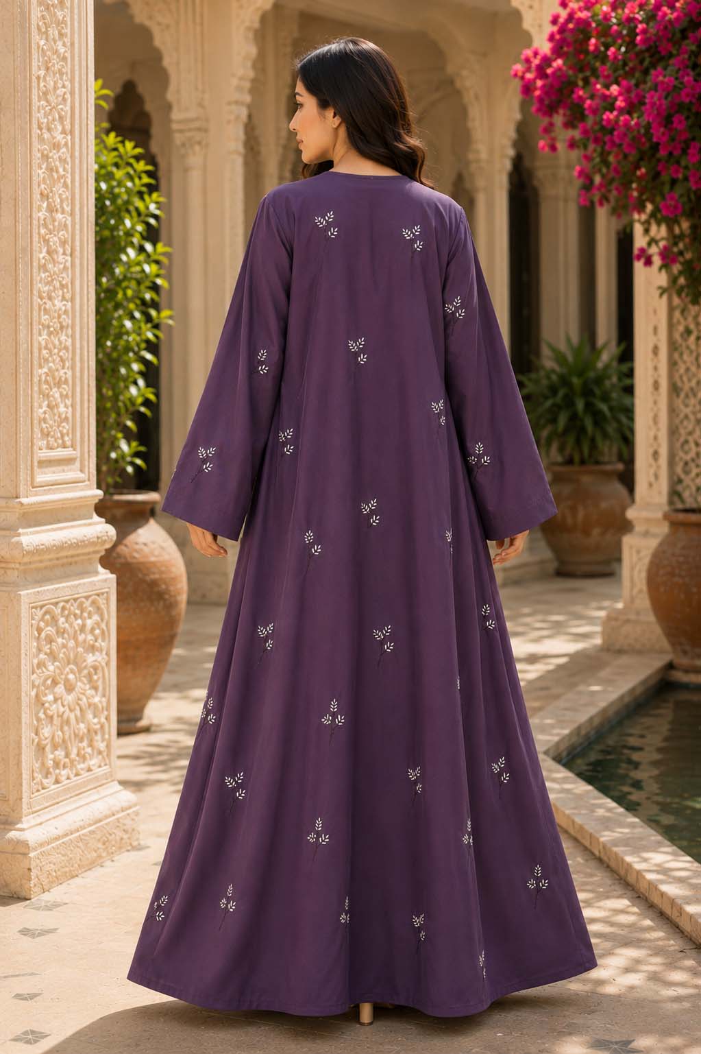 AARUH Purple Floral Embroidered Abaya for Women | Front Button Flared Abaya | Full-Length Modest Islamic Dress