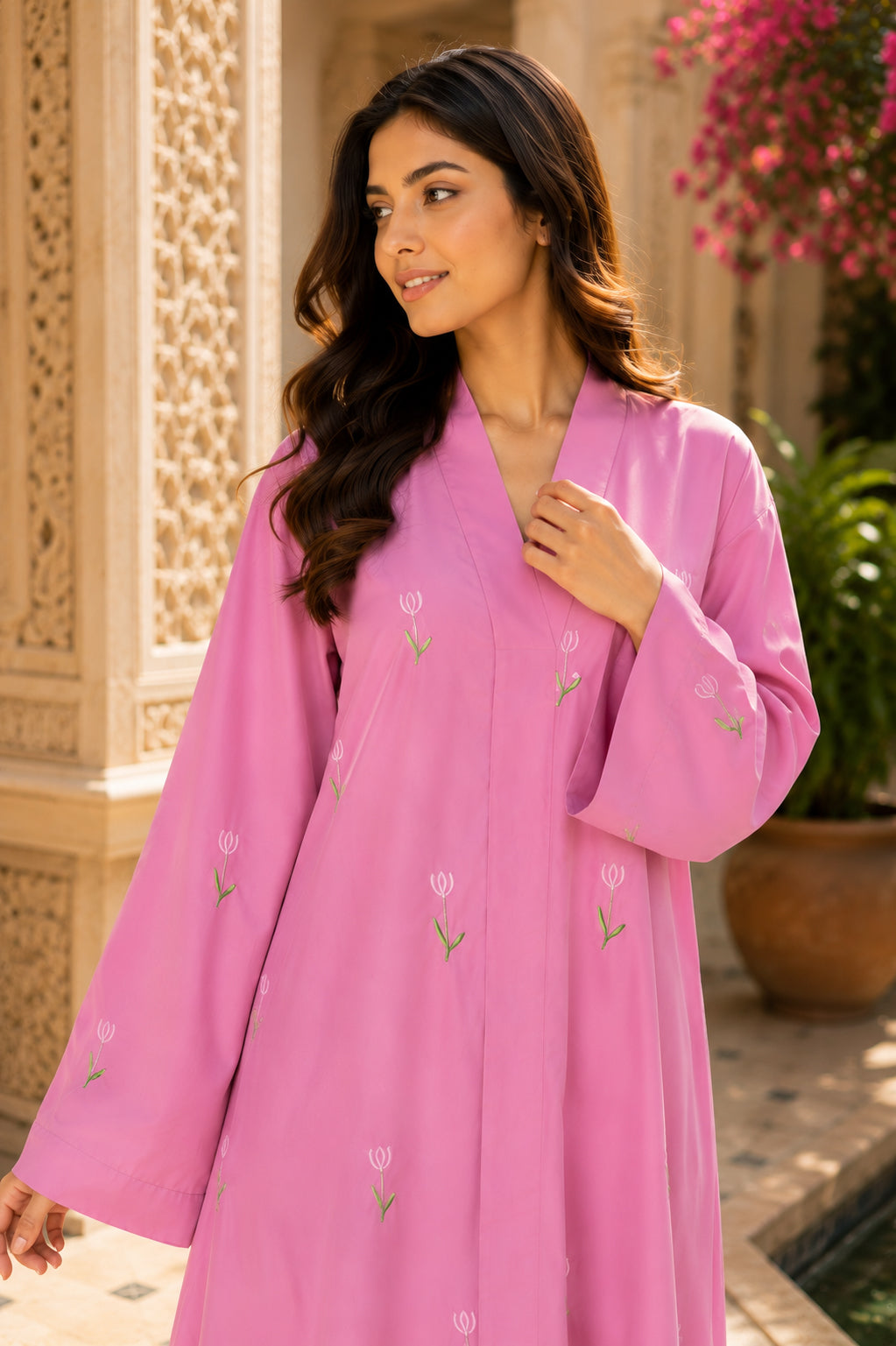 AARUH Pink Floral Embroidered Abaya for Women | Elegant Flared Full-Length Modest Dress | V-Neck womenWear