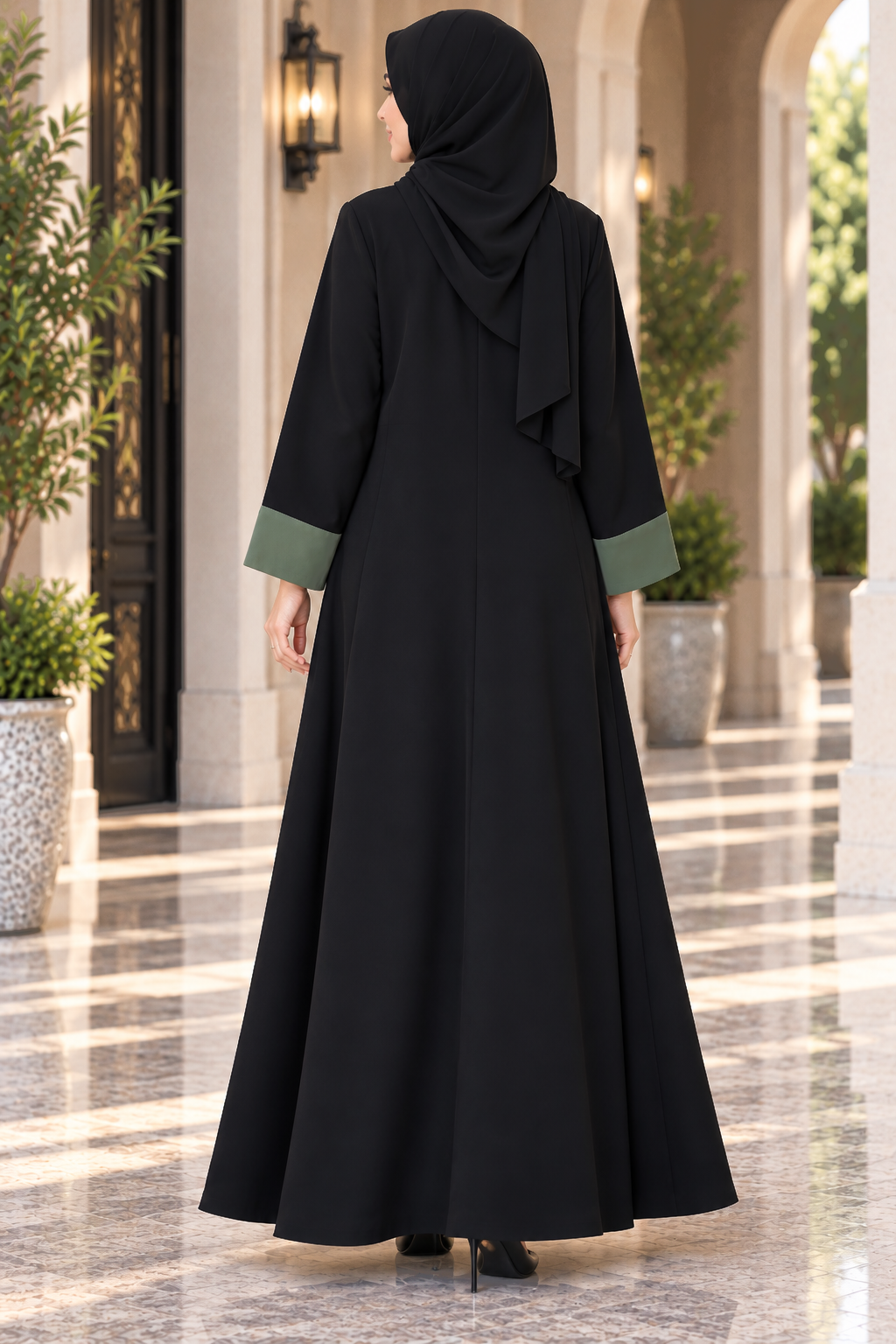 AARUH Black & Olive Green Front Panel Button-Detail Flared Abaya with Hijab